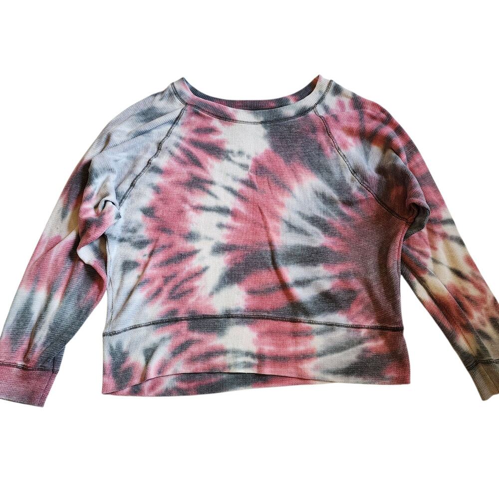 Vintage Havana Womens Waffle Knit Top Size L Pink Gray Tie Die Raglan Sleeve